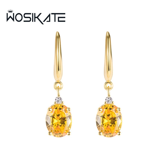 WOSIKATE Citrine Long Earrings For Women 925 Silver With 18K Gold Plated Champagne Drop Earrings Fashion Jewellery