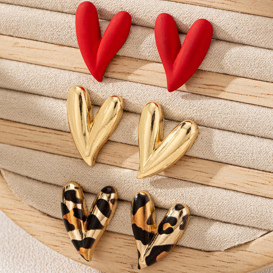 3 Pairs Elegant Design Metallic Enamel Leopard Love Heart Earring Sets Suitable for Party Valentine&