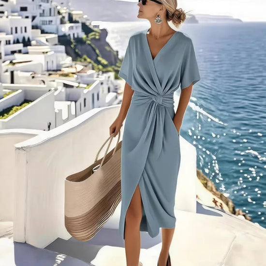 Women Dresses 2026 new fashion solid color wrapped lace-up V neck slit knot mid-calf dresses women&